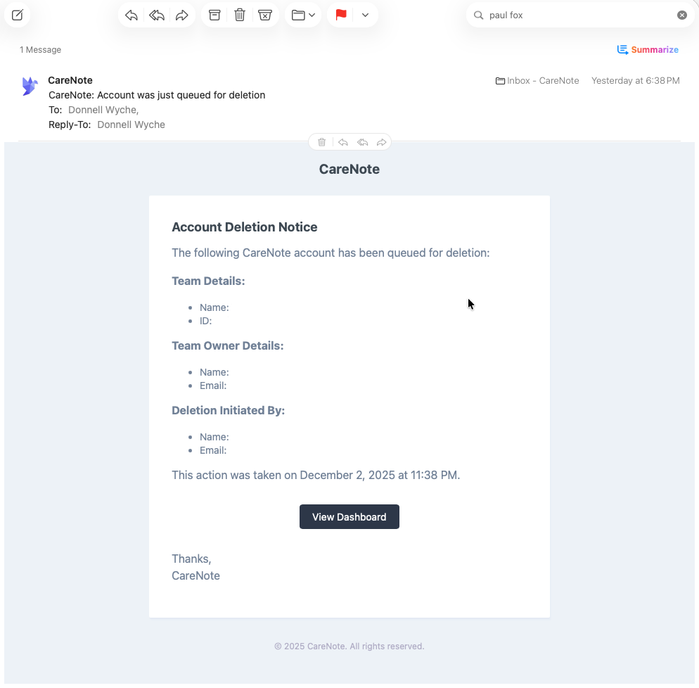 CareNote account deletion notice email showing team details and deletion timestamp from December 2, 2025 at 11:38 PM in inbox.
