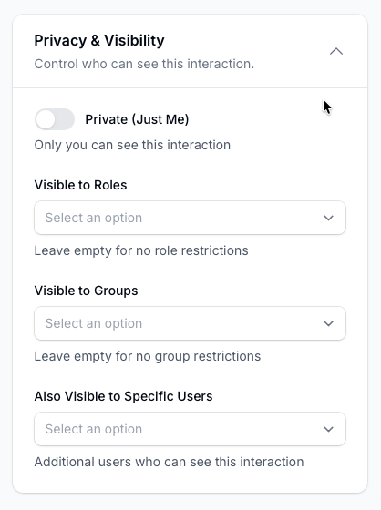   Privacy & Visibility settings panel with toggle for private mode and dropdowns for role, group, and user-based access.