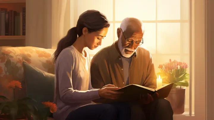 A woman of Asian descent meeting with an elderly man of African descent. They appear to be reading.