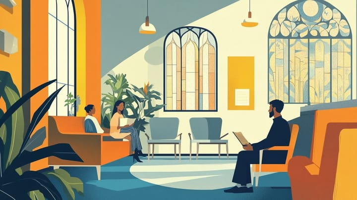 A warm, brightly colored church lobby with stained glass, plants, and people seated on modern chairs, reading or talking.