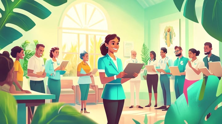 A vibrant, illustrated image featuring a diverse group of care providers professionals in a bright, plant-filled lobby.