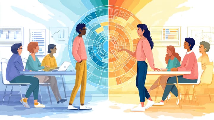 Illustration of a care ministry director presenting a radar-style dashboard to a diverse team of volunteers in warm tones.