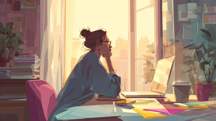 Care coordinator reflects at desk with laptop by window, contemplating church ministry timing and readiness.