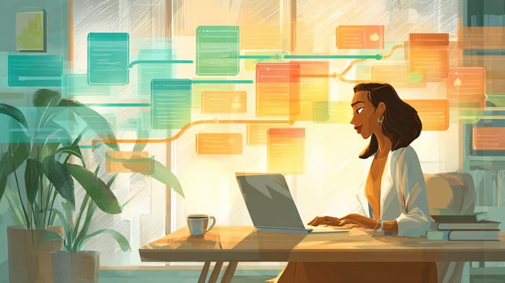 Illustration of a care coordinator at her desk with floating emails, notes, and messages converging into one timeline